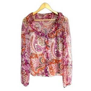 Elie tahari Pink  paisley print blouse Floral Ruffle Tie Front Long Sleeve Top